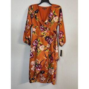 Julia Jordan Wrap Front Midi Dress Women's 6 Orange Floral Satin V Neck Artsy